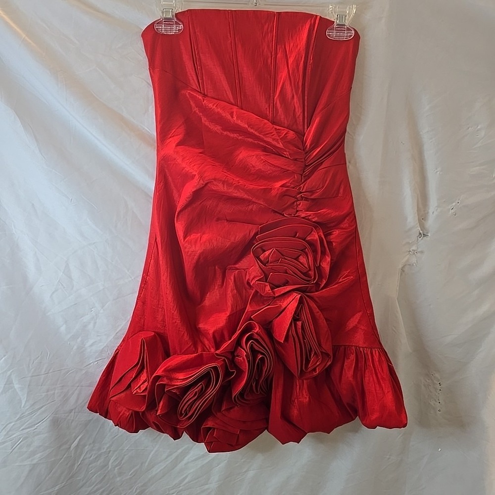 Daisy‎ Strapless Sleeveless Mini Dress Shiny Red Floral Ruffle Sz S Prom Formal